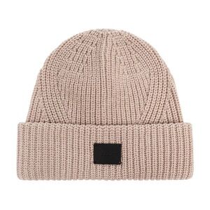 All Saints Traveling Ribbed Logo Beanie Hat Leather Cortina Beige